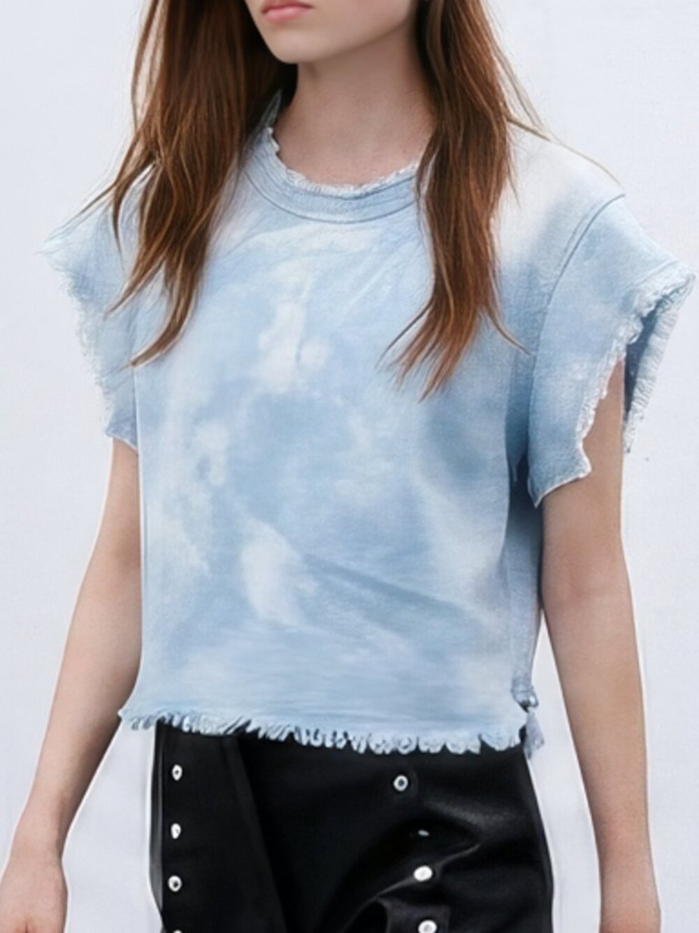 IRO Pale Blue Frayed Short Light Sleeve Crop Tee